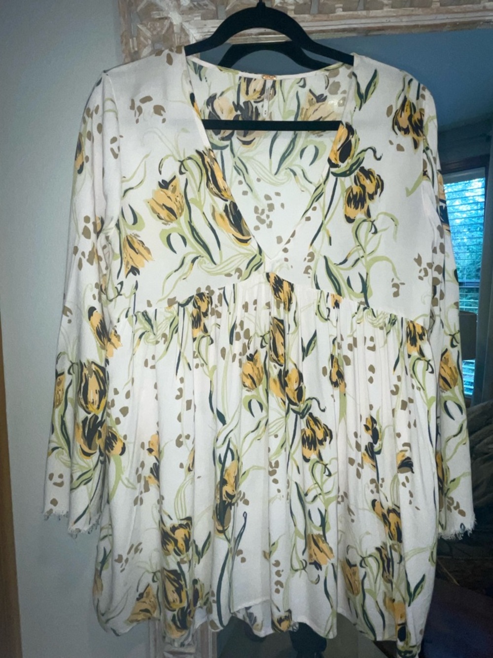 Free People Cream Floral V-Neck Tunic with Yellow & Green Print